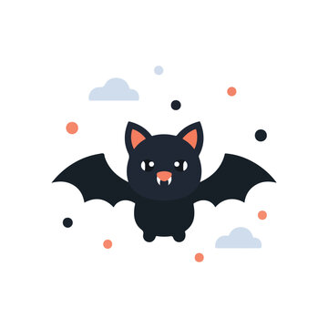 A cute, dark grey cartoon bat with tiny fangs and large spread wings flies amidst stylized clouds and colorful confetti in a flat vector style.