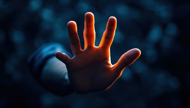 Outstretched hand reaching forward with warm rim light and orange glow against dark blue blurred background conveying longing and urgency