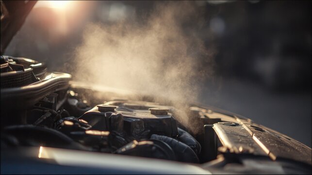 Stunning photo of steam rising from a car engine, indicating an overheating problem.