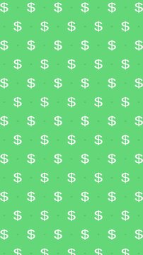 Animated Seamless Pattern Of Dollar Currency Symbols Scrolling Up On A Green Background, Seamless Loop, 4K 9:16 Vertical Video
