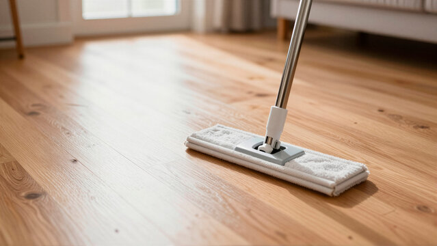 Microfiber mop cleaning a light oak wood floor in a bright living room. The sun shines through the window, highlighting the clean surface and wood texture. Perfect for household maintenance