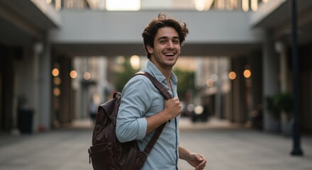 Fototapeta premium Young caucasian man student with backpack smiling in urban setting, portraying happiness. Travel, education, lifestyle.