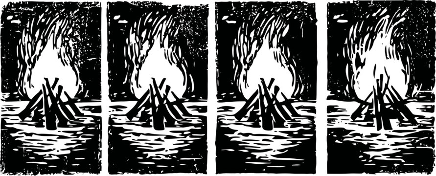 four black and white woodcut illustrations of campfire flames with reflected water surface
