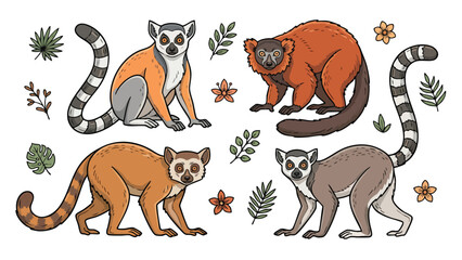 Lemur illustration set with tropical leaves isolated on white background © welyalfian