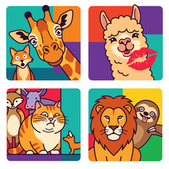 Fototapeta premium Funny Animal Portraits Icons Set with Giraffe, Fox, Alpaca, Cat, Lion, Sloth and Cow, Colorful Square Avatars of Cute Cartoon Wildlife Animals Vector