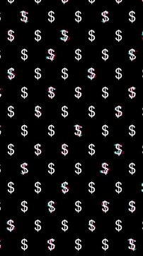 Animated Seamless Pattern Of Dollar Currency Symbols Scrolling Up With Glitch Effect On A Black Background, Seamless Loop, 4K 9:16 Vertical Video