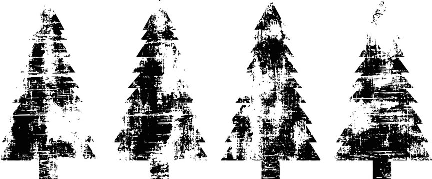 Grunge distressed christmas trees set, decorative winter holiday evergreen silhouettes, rustic rustic ornaments