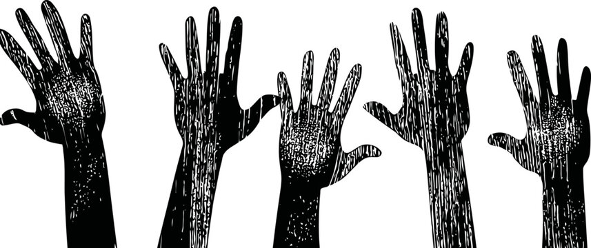 black hands silhouettes reaching upwards in a row on white background, diverse unity and support concept