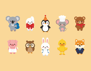 Fototapeta premium Cute Animals in Professional Outfits and Accessories Set, Koala with Backpack, Penguin in Party Hat, Chef Mouse and Business Dog Vector Icons