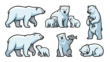 Polar bear family set with cubs fishing and sleeping cartoon illustration © welyalfian