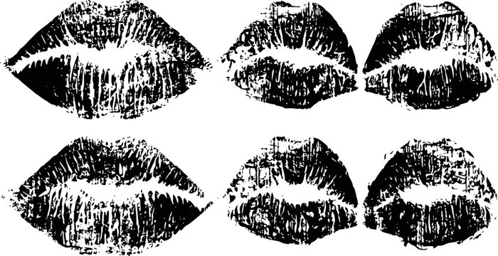 Set of six black lip print silhouettes isolated on white background stamped lipstick kiss marks illustration collection