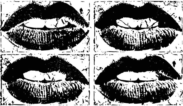 Black and white artistic set of lips biting, smiling, and posing in a vintage collage