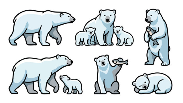Polar bear family set with cubs fishing and sleeping cartoon illustration