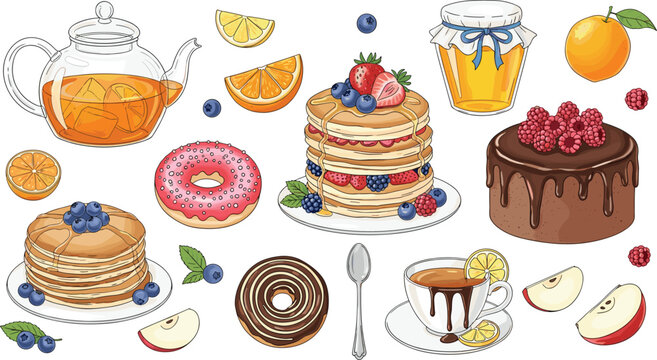 Colorful Breakfast and Dessert Collection Vector with Pancake Cake Donut Tea Honey Orange Berry and Sweet Elements