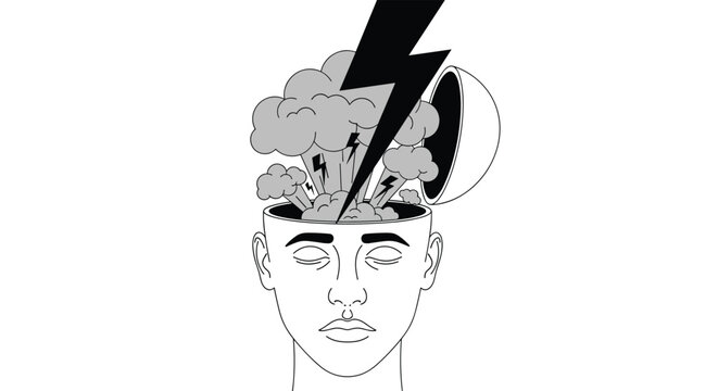 Abstract illustration of a human head opening to reveal exploding storm clouds and lightning bolts representing stress or mental health.