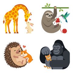 Fototapeta premium Interspecies Animal Friendships Set, Giraffe and Rabbit, Sloth Knitting, Hedgehog Hugging Hamster and Gorilla with Kitten Vector Illustration