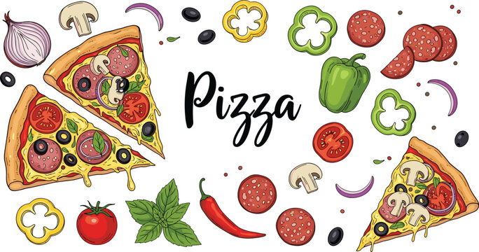 Colorful Pizza Collection Vector with Salami Tomato Mushroom Pepper Olive Onion Basil and Italian Food Elements