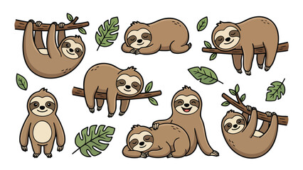 Obraz premium Adorable Sloth Vector Character Set with Tropical Leaves