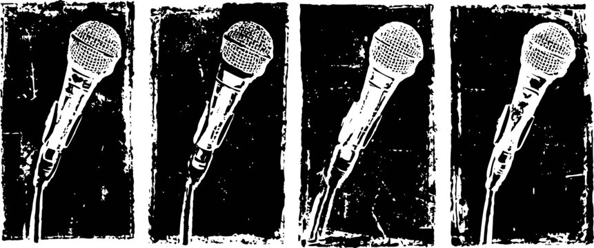vintage microphone illustration retro music equipment with worn textured effect in black and white