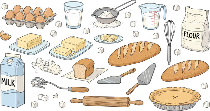 Vintage Baking and Bread Collection Vector with Flour Eggs Milk Butter Rolling Pin Whisk and Bakery Elements