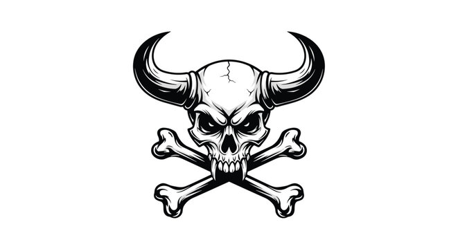Highly detailed bull skull with massive curved horns and crossed bones in a classic black and white tattoo style graphic illustration.