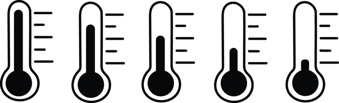 Black Linear Thermometer Icons Showing Five Stages of Temperature Scale
