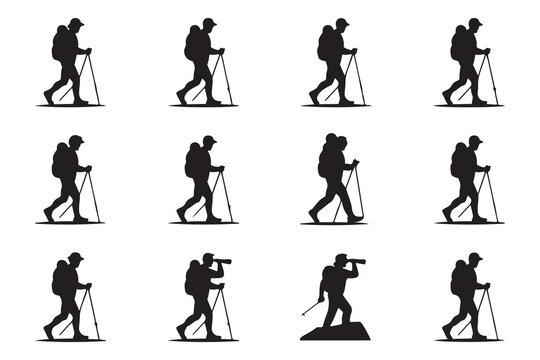 Collection of hiking silhouettes featuring backpackers walking and exploring nature trails