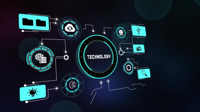 Modern digital technology ecosystem overview infographic, connecting cloud, network, storage, security, and AI icons