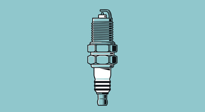 Detailed illustration of a high quality automotive spark plug used in internal combustion engines over a solid blue surface.