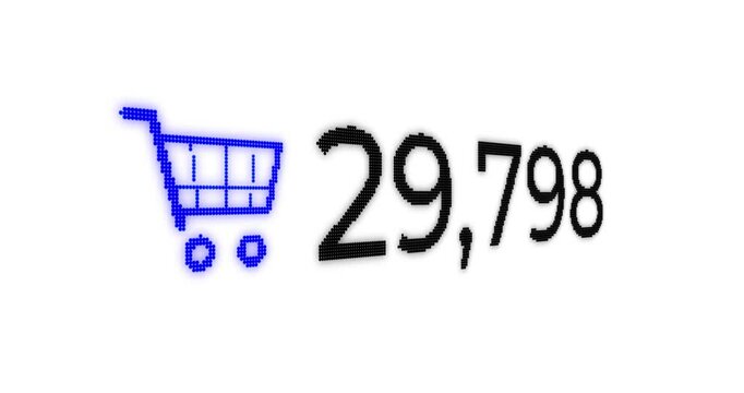Animated design of a numerical sequence with a blue digital shopping icon on a black background.