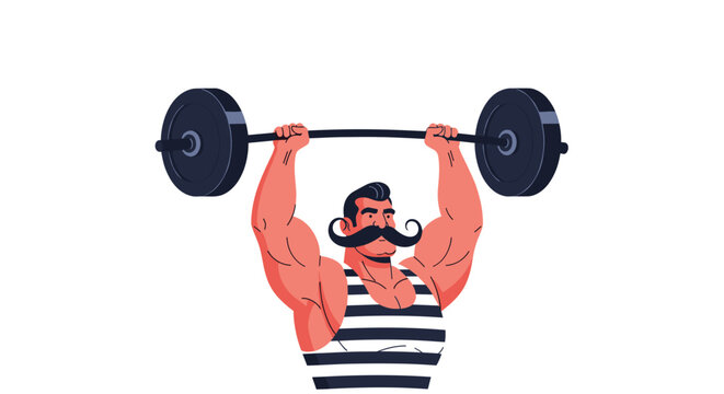 Powerful vintage style strongman with a large mustache lifting a heavy barbell over his head during a workout.