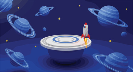 Rocket launch from futuristic platform in outer space with planets stars galaxy background sci fi vector illustration scene © MstNadiya