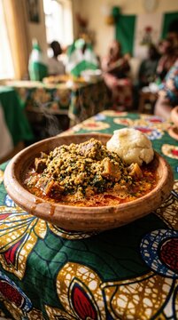 Nigerian egusi soup with pounded yam in a clay bowl on a patterned tablecloth for traditional cuisine promotion, restaurant menu design and African food culture