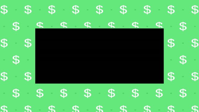 Animated Seamless Pattern Of Dollar Currency Symbols Scrolling Up On A Green Background With Transparent Text Area In Center, Seamless Loop, Codec ProRes 4444 with alpha channel, 4K Horizontal Video