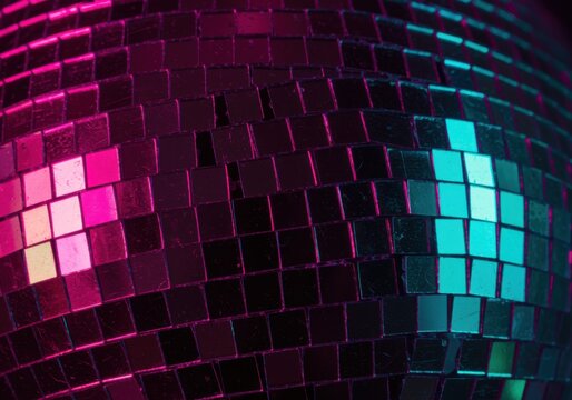 Close-up of a pink and teal mirror ball reflecting neon lights for nightclub events, abstract music backgrounds and luxury party celebrations with a vibrant moody glow