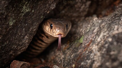 Fototapeta premium Close-Up View of a Snake Emerging from Between Rocks in a Natural Habitat