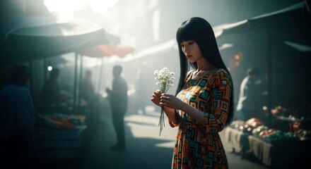Fototapeta premium Asian woman in a colorful dress holding a bouquet of white flowers at an outdoor market. Spring and summer festival concept.