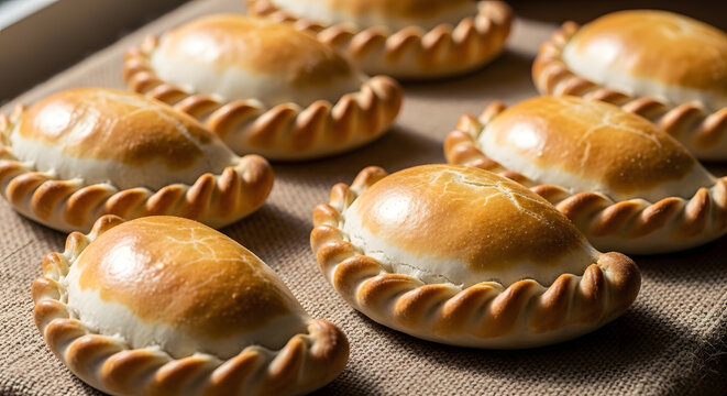 Golden baked empanadas on rustic linen close-up