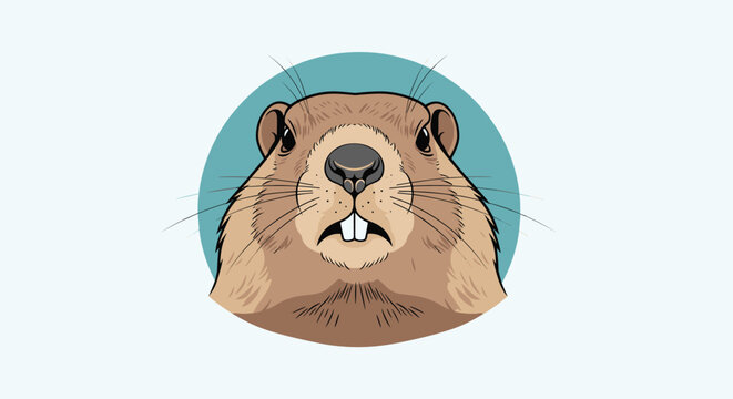 Groundhog head with its teeth showing placed inside a teal blue circular frame on a light background for nature related themes.