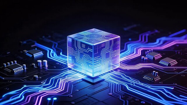 Circuit board with glowing cube