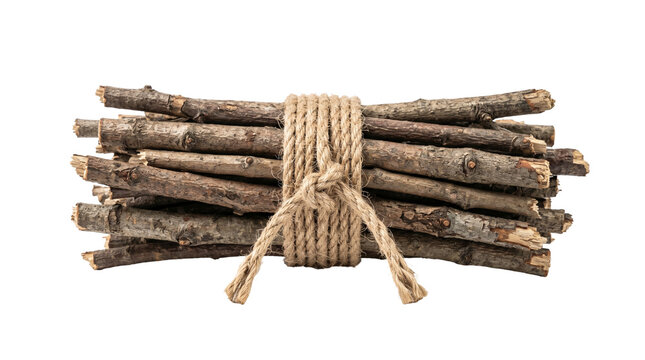 A bundle of dry, thin, rough wooden twigs tied securely with natural twine.
