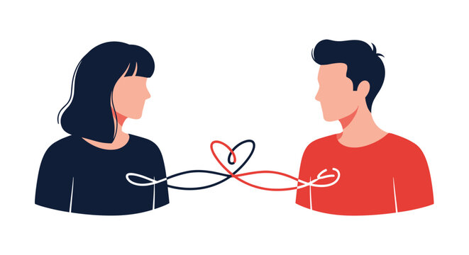 Silhouetted figures of a man and woman are spiritually connected by a red and white string that forms a heart shape in the center.