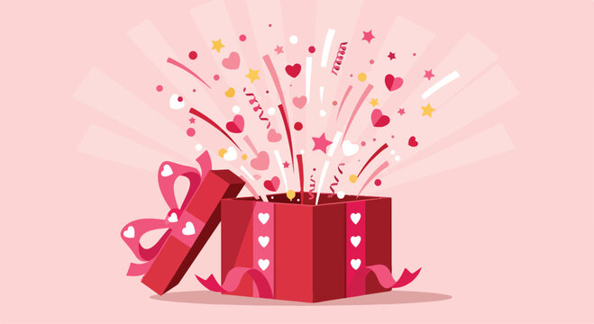 A red gift box with hearts and confetti exploding out