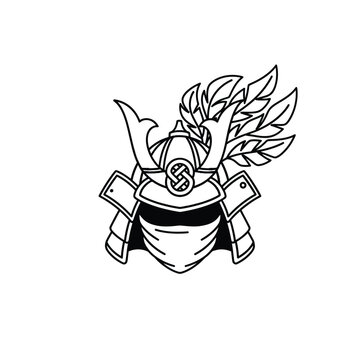 Minimalist Samurai Kabuto Helmet Illustration with Traditional Feathered Crest and Face Mask