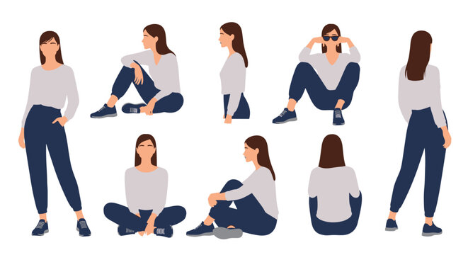 Diverse collection of poses shows a woman in a grey shirt and dark pants standing, sitting, and lounging from various angles.