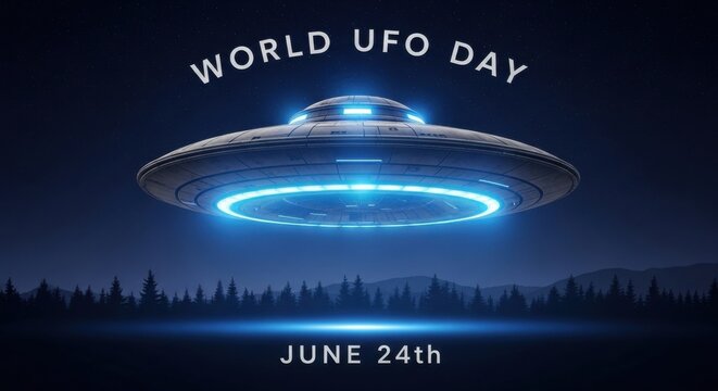 World UFO Day poster with glowing spaceship flying over forest at night