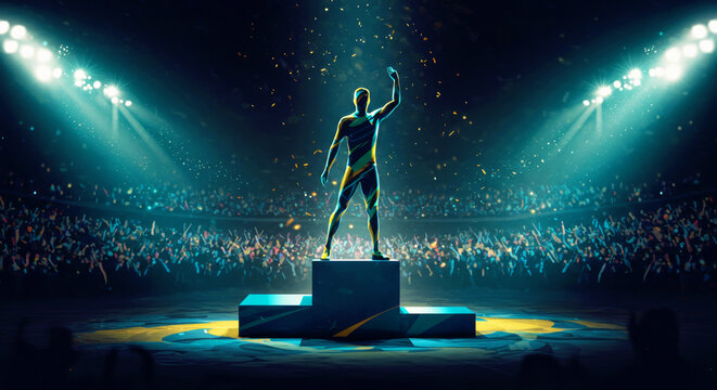 Gold medal winner man stands on podium in stadium with cheering crowd under spotlights, abstract geometric art performance for sports event.