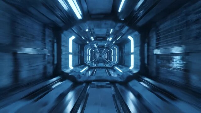 Futuristic SciFi Tunnel with Blue Neon Lights and Motion Blur.