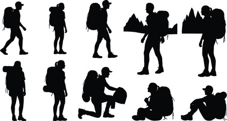Hikers with backpacks in mountain setting isolated on white background, Vector © MD. SOHAN MIA