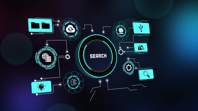 Futuristic HUD interface design with central SEARCH ring, surrounded by cloud, server, AI, and secure data access icons